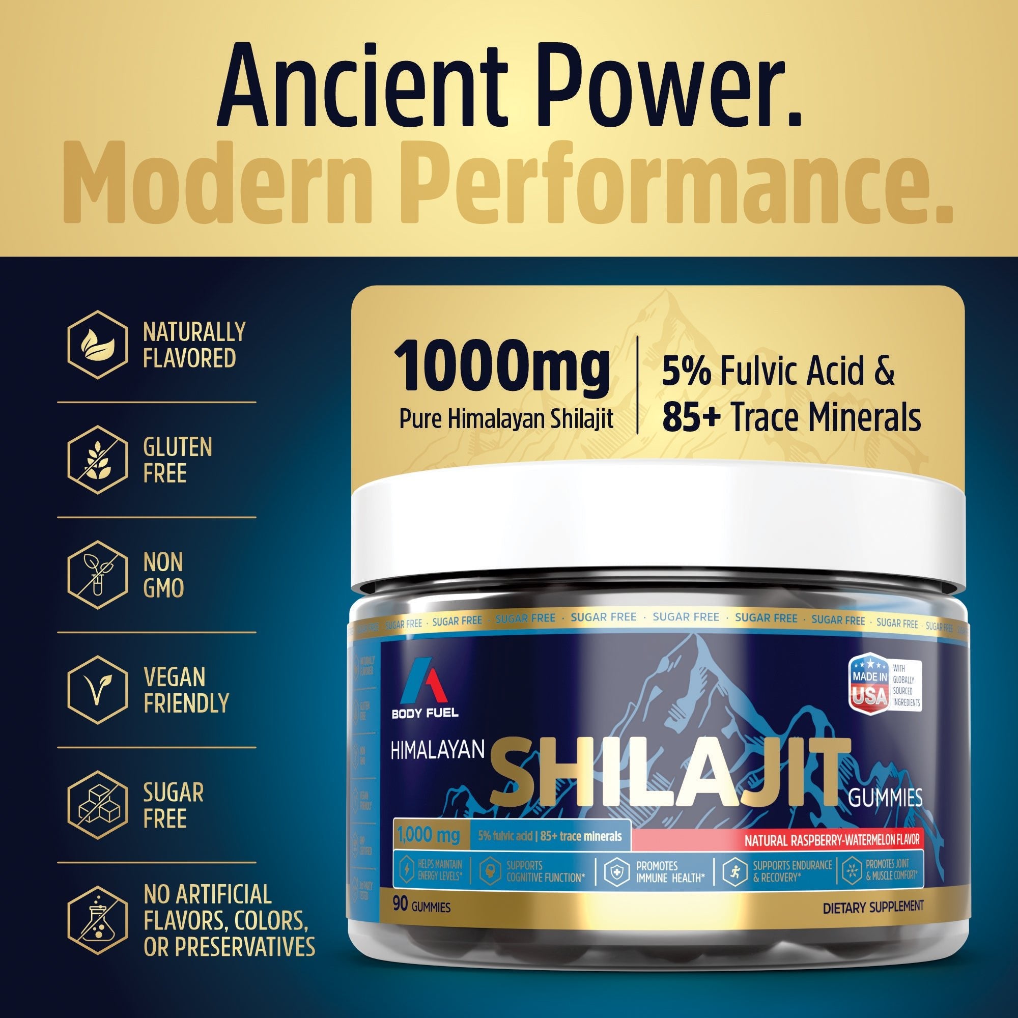 Body Fuel Pure Himalayan Shilajit Gummies packaging with product details on a blue and gold background.