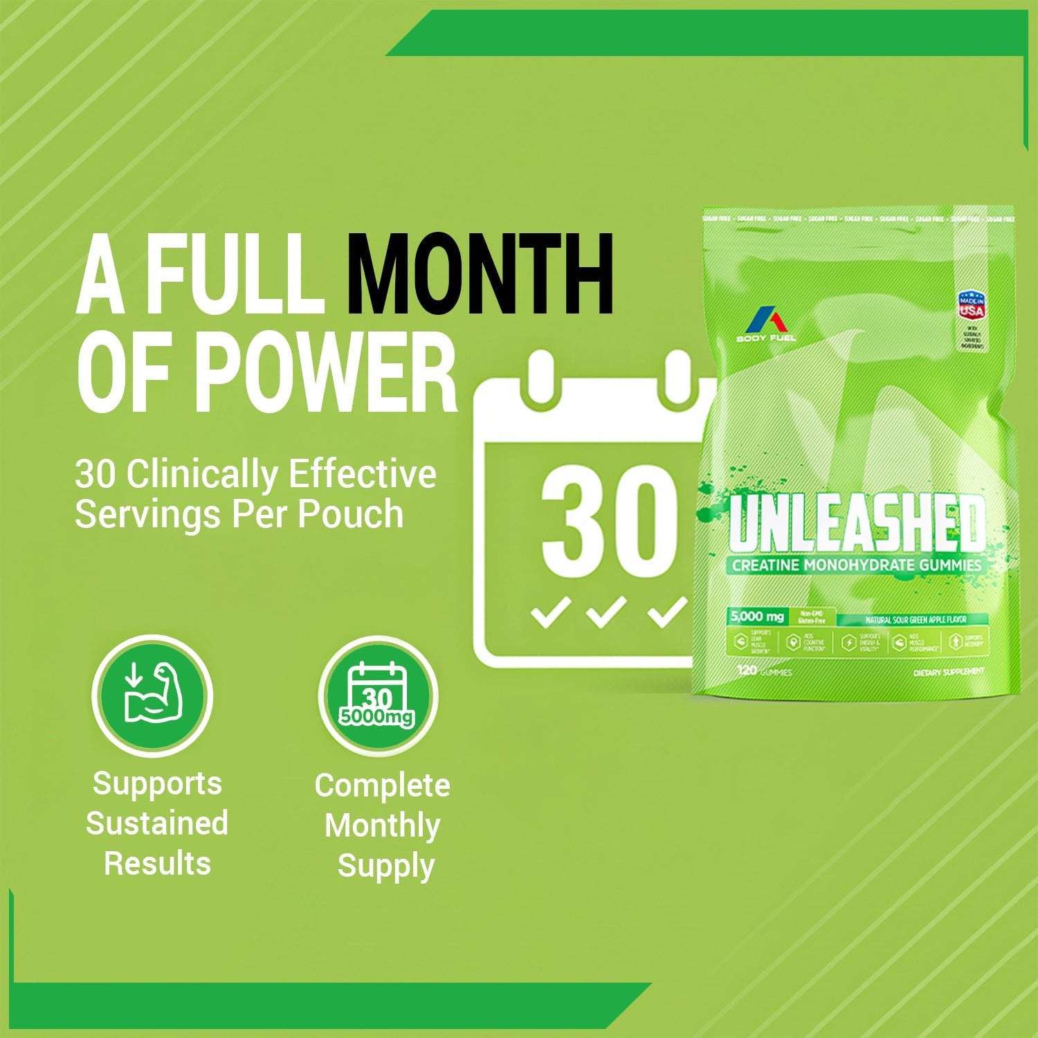 Green packaging of 'Unleashed Creatine Gummies Sugar Free-Green Apple' with text on a green background