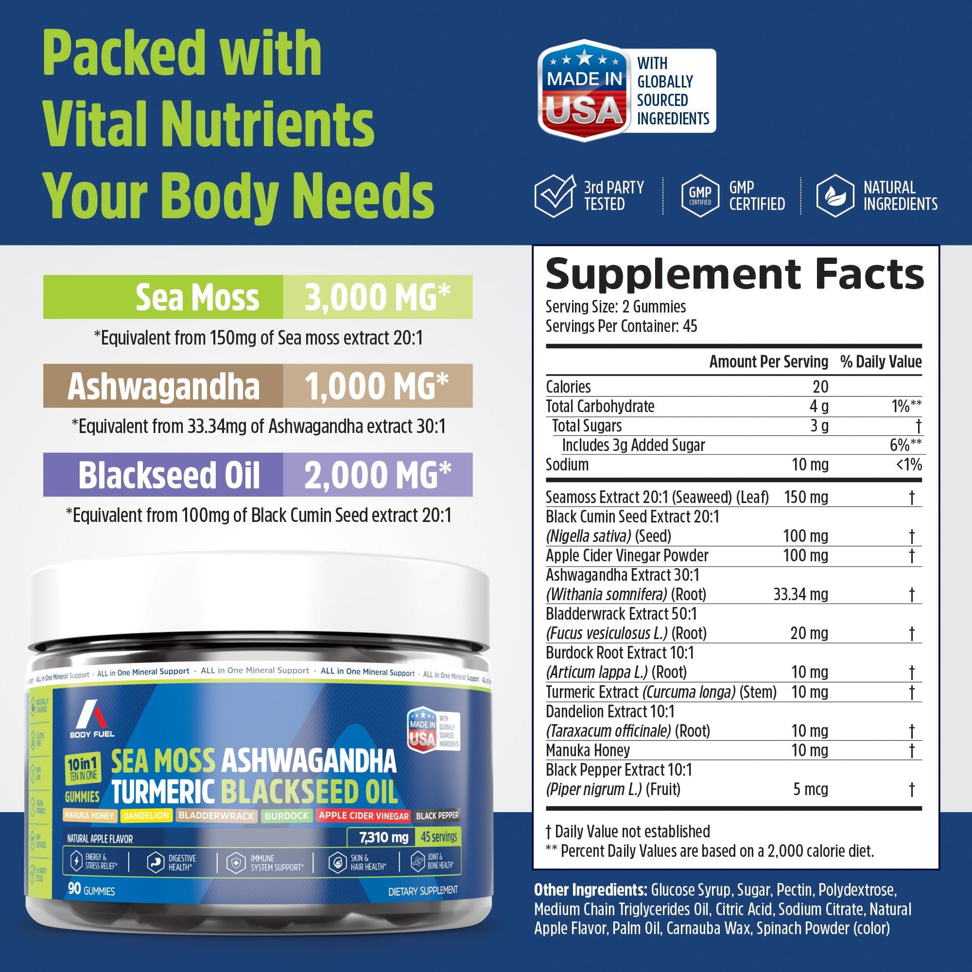 Supplement packaging with visible ingredients and nutritional information on a blue background