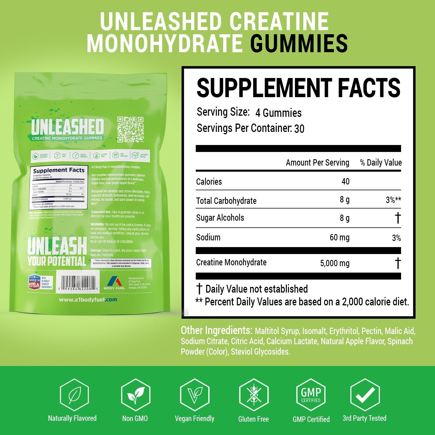 Unleashed Creatine Gummies Sugar Free-Green Apple packaging with supplement facts label on a green background