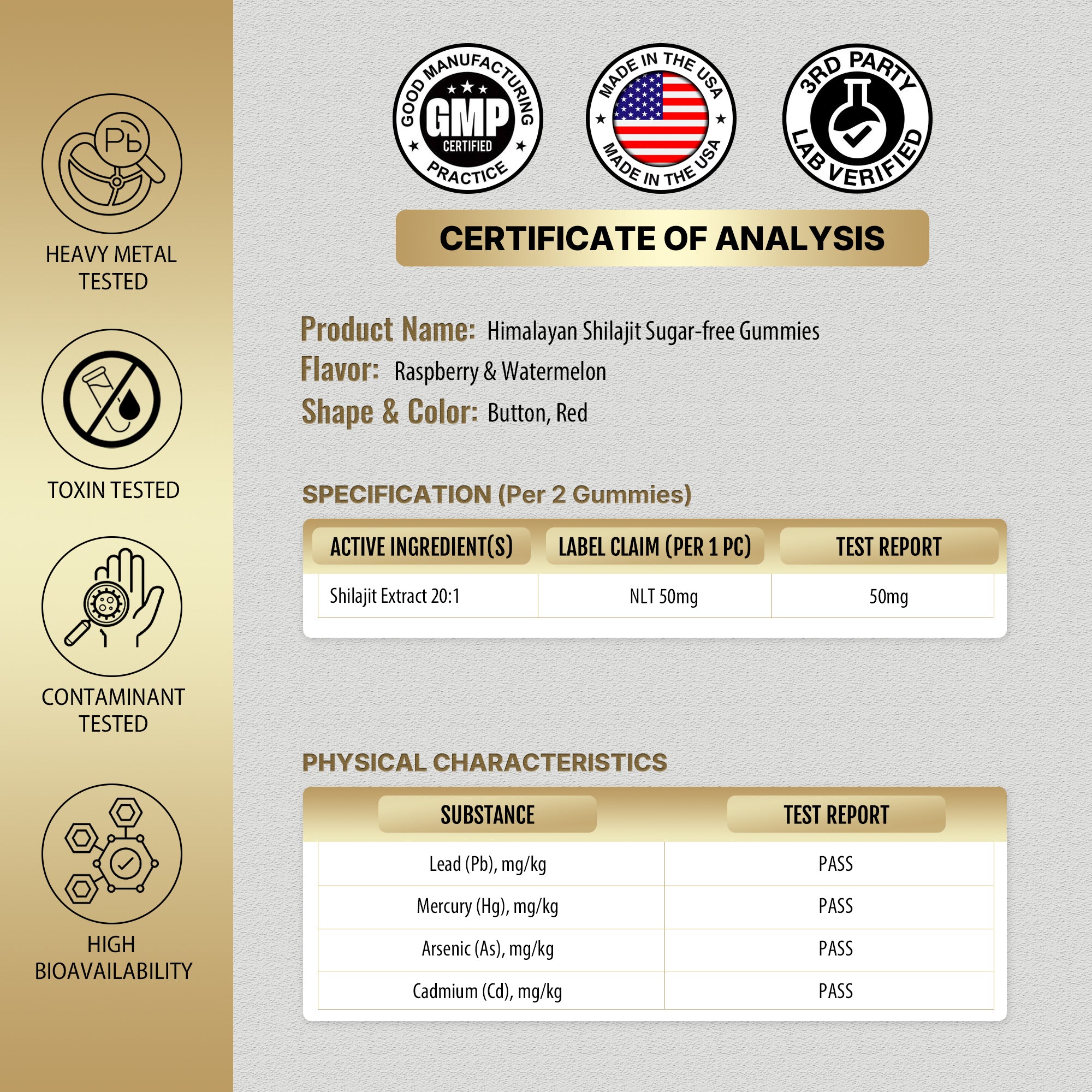 Certificate of Analysis for Himalayan Shilajit Sugar-free Gummies with certification logos on a gray background.