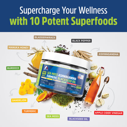 10 in 1 Sea Moss Gummies with Black Seed Oil, Ashwagandha, Turmeric, Apple Cider Vinegar & More