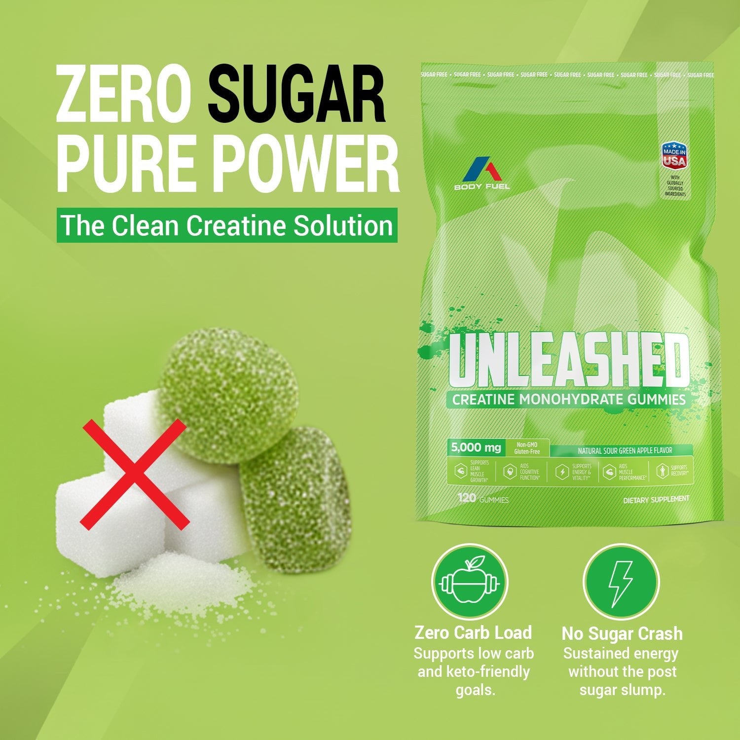 Unleashed Creatine Gummies Sugar Free - Green Apple