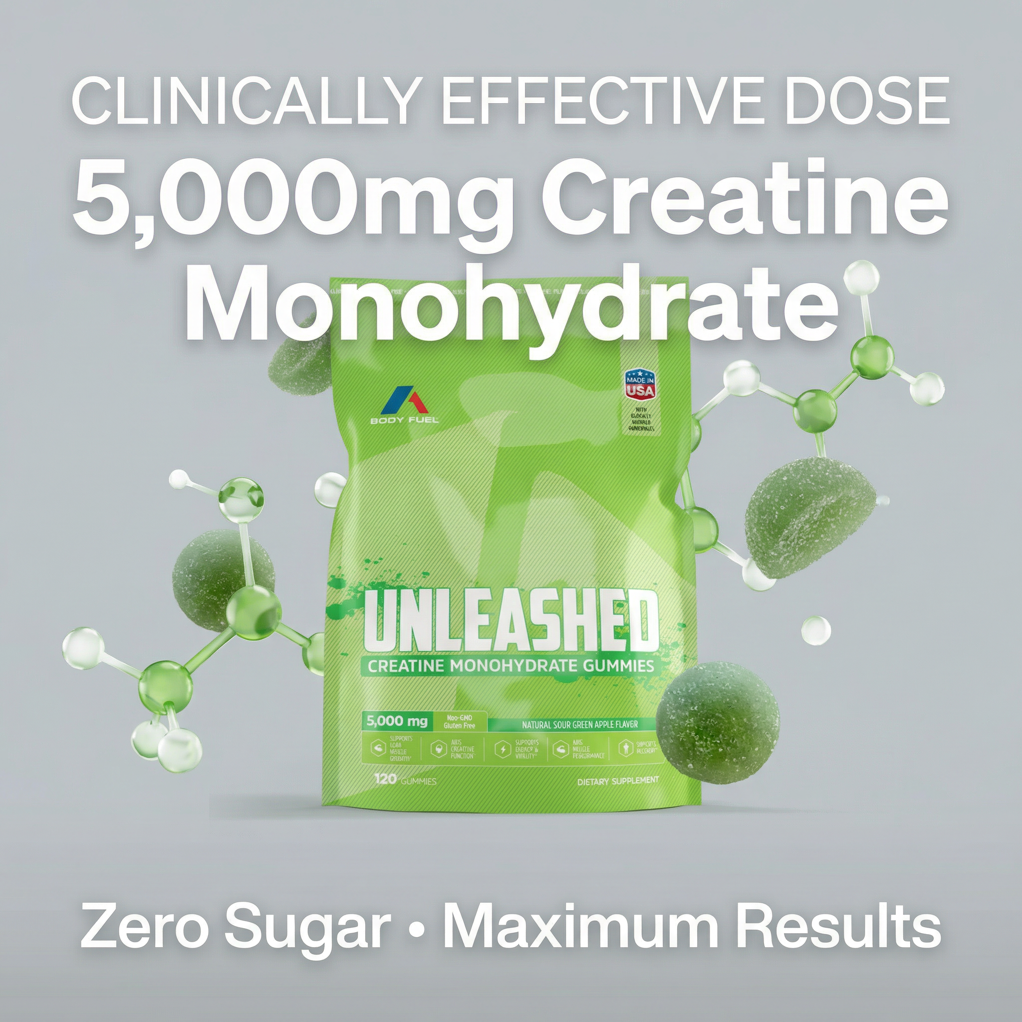 Unleashed Creatine Gummies – 5,000mg Creatine Monohydrate – Sugar-Free Green Apple