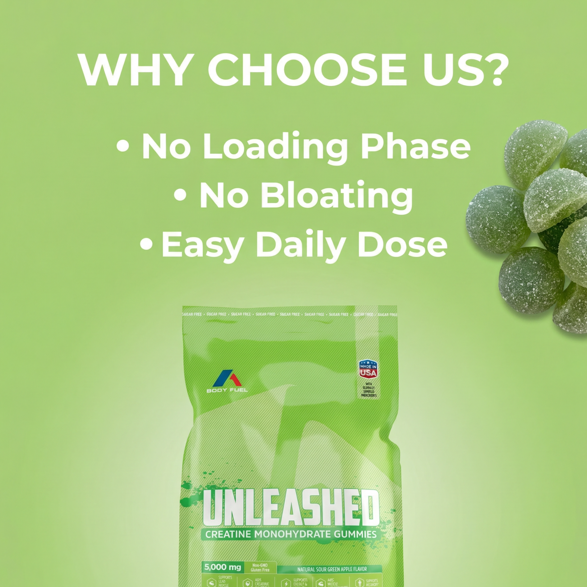 Unleashed Creatine Gummies – 5,000mg Creatine Monohydrate – Sugar-Free Green Apple
